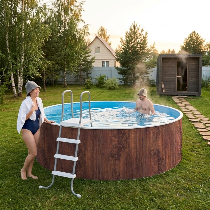 Сборный морозоустойчивый бассейн ОДИССЕЙ 4,0х1,25 м, цвет стенки темное дерево