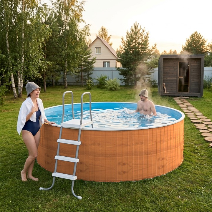 Сборный морозоустойчивый бассейн ОДИССЕЙ 4,0х1,25 м, цвет стенки светлое дерево